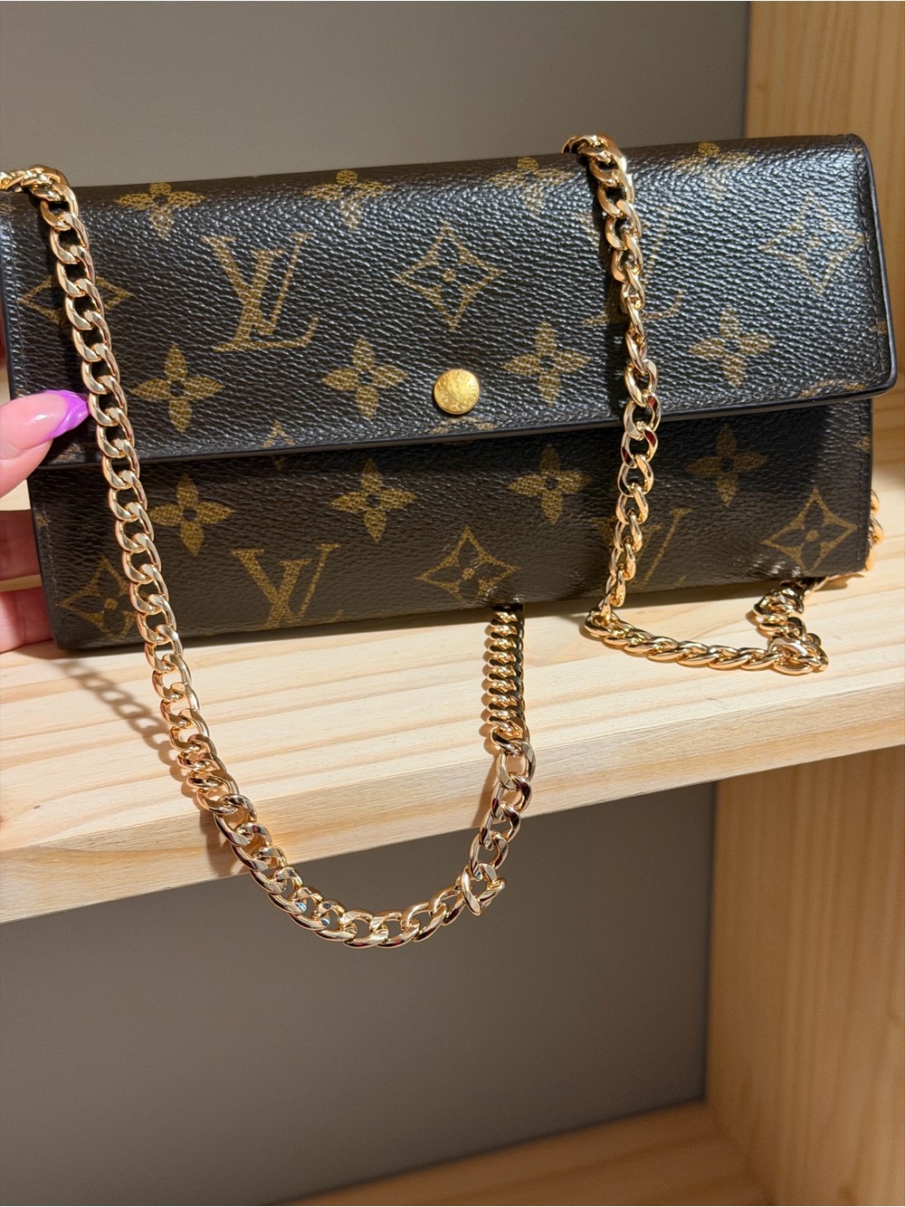 Louis Vuitton Monogram Crossbody Wallet in Brown and Gold Chain